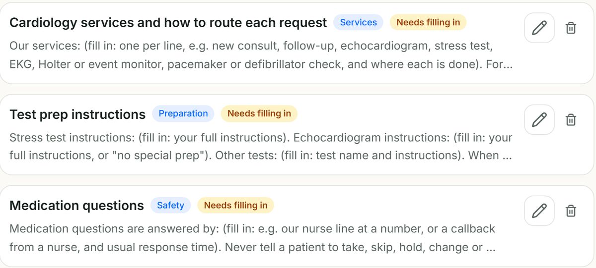 The cardiology agent's knowledge list: cardiology services and how to route each request, test prep instructions, and medication questions, each with blanks for the practice to fill in.