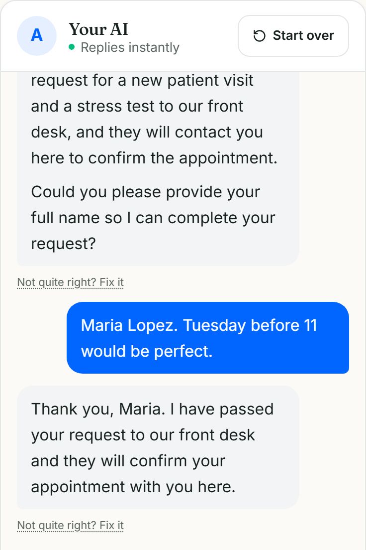 Test chat: the patient gives her name and a preferred time, and the agent replies that it passed her request to the front desk, who will confirm the appointment.